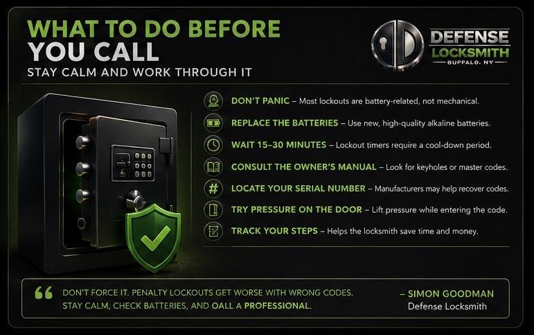 Infographic listing what to do before calling a locksmith for a safe lockout — don't panic, replace batteries, wait for the lockout timer, check the manual, find the serial number, apply door pressure, and track your steps — Defense Locksmith Buffalo NY