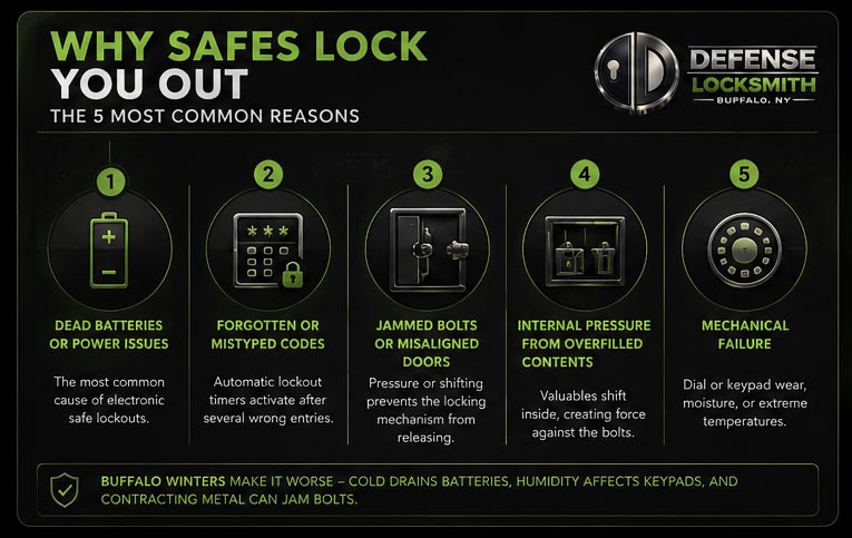 Infographic showing the 5 most common reasons safes lock you out — dead batteries, mistyped codes, jammed bolts, internal pressure, and mechanical failure — from Defense Locksmith safe lockout services in Buffalo NY