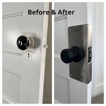 Door knob replacement before and after by Defense Locksmith Buffalo NY