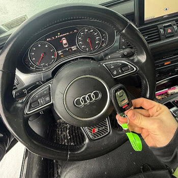 Audi key fob programming inside vehicle by Defense Locksmith Buffalo NY