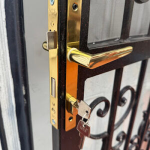 Mortise lock on wrought iron security door by Defense Locksmith Buffalo NY