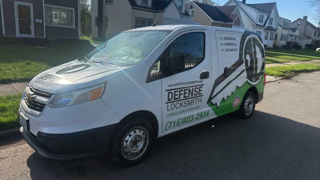 Defense Locksmith service van rear view in Buffalo NY