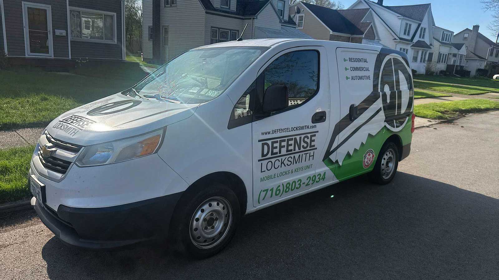 Defense Locksmith service van rear view in Buffalo NY