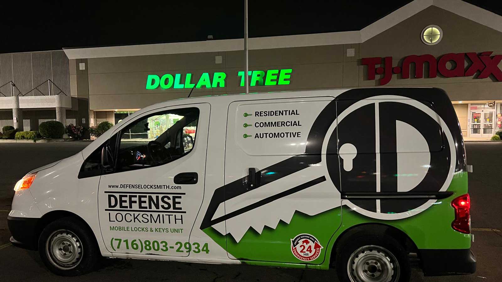 Defense Locksmith mobile van on commercial service call at Dollar Tree in Buffalo, NY