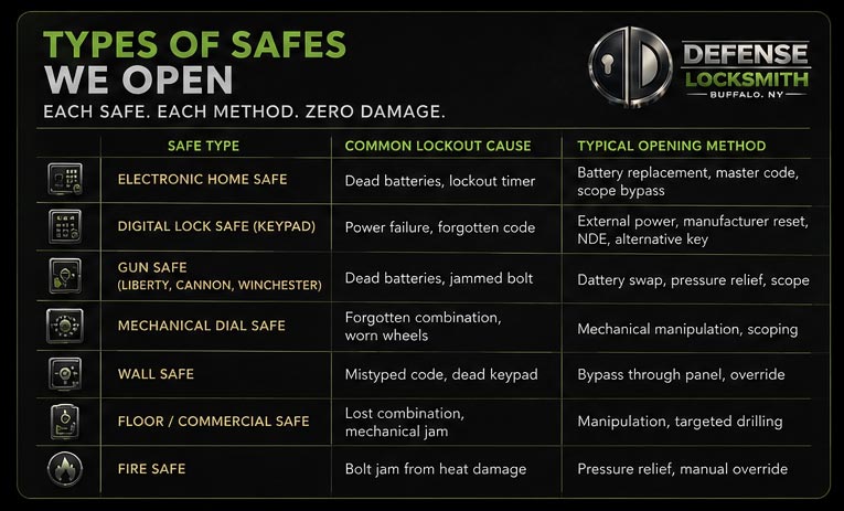 Chart of safe types Defense Locksmith opens in Buffalo NY — electronic home safes, digital keypad safes, gun safes, mechanical dial safes, wall safes, floor and commercial safes, and fire safes — with the common lockout cause and opening method for each