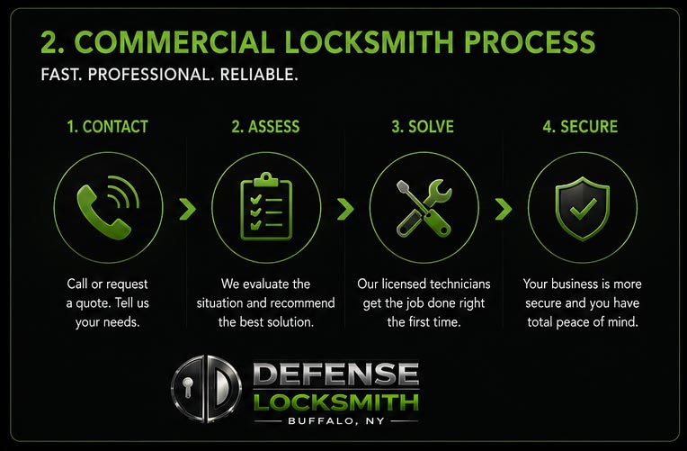 Four-step commercial locksmith process from Defense Locksmith Buffalo NY — contact, assess, solve, and secure