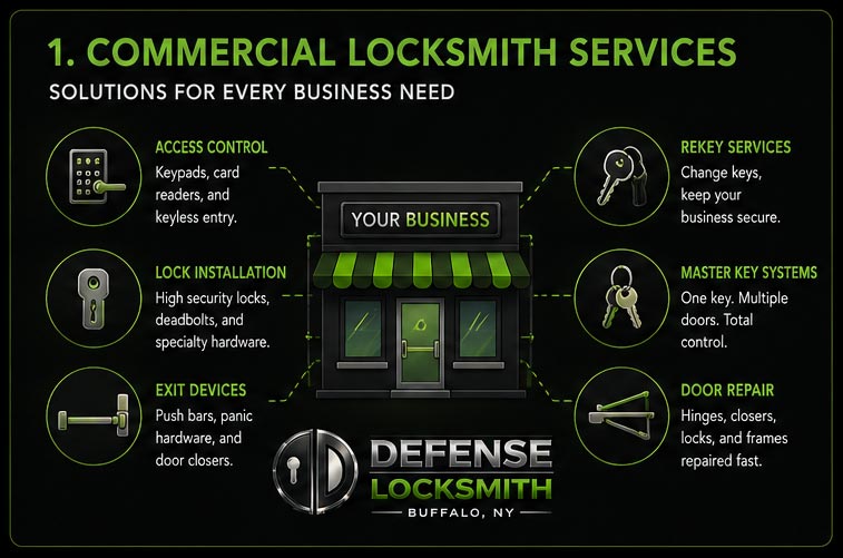 Infographic of commercial locksmith services from Defense Locksmith Buffalo NY — access control, lock installation, exit devices, rekey services, master key systems, and door repair — around an illustrated storefront