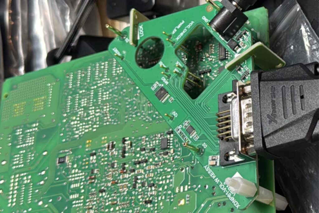 Exposed circuit board inside a car key fob during repair