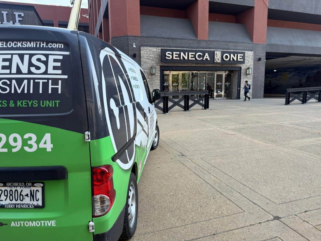 Defense Locksmith mobile service van parked at Seneca One in Buffalo, NY