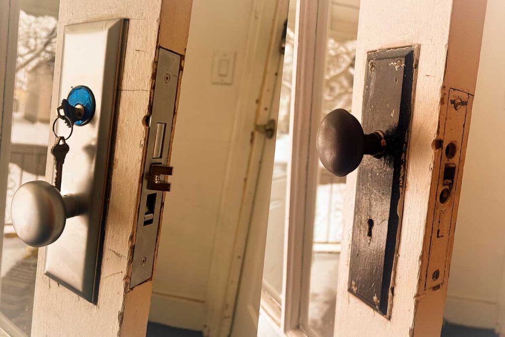 New door lock being installed on a wood entry door