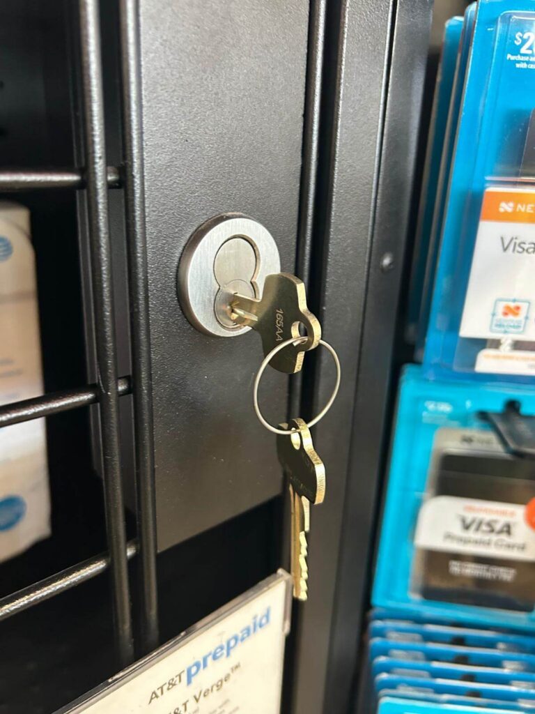 New keys in a freshly rekeyed lock at a retail store in Buffalo, NY