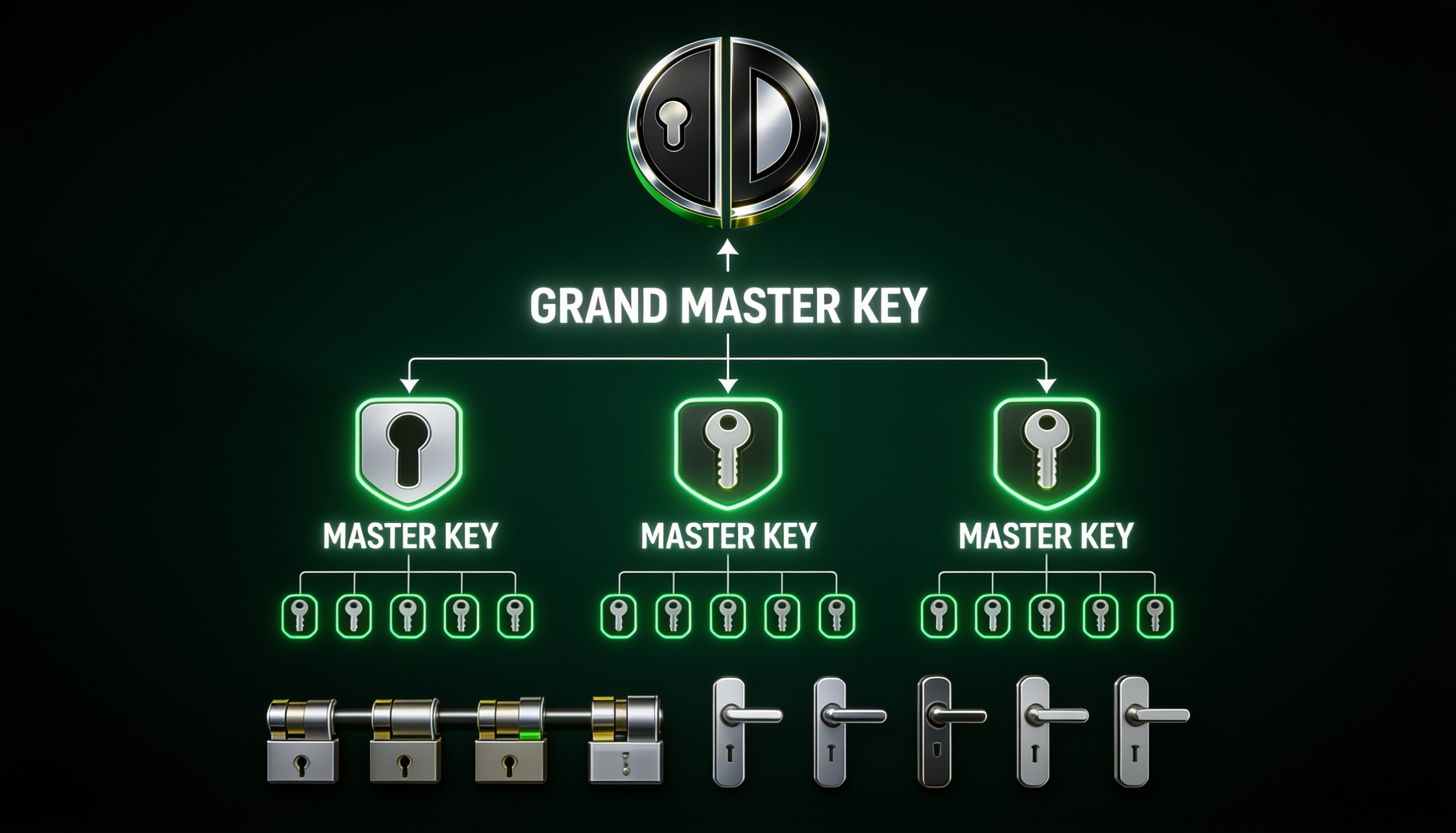 Master key system hierarchy diagram: Grand Master Key over Master Keys, change keys and matching locksets — Defense Locksmith, Buffalo NY