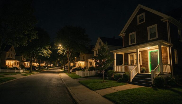 A quiet Buffalo suburban street at night with a securely locked, glowing front door - Buffalo Metro Crime Watch, Defense Locksmith