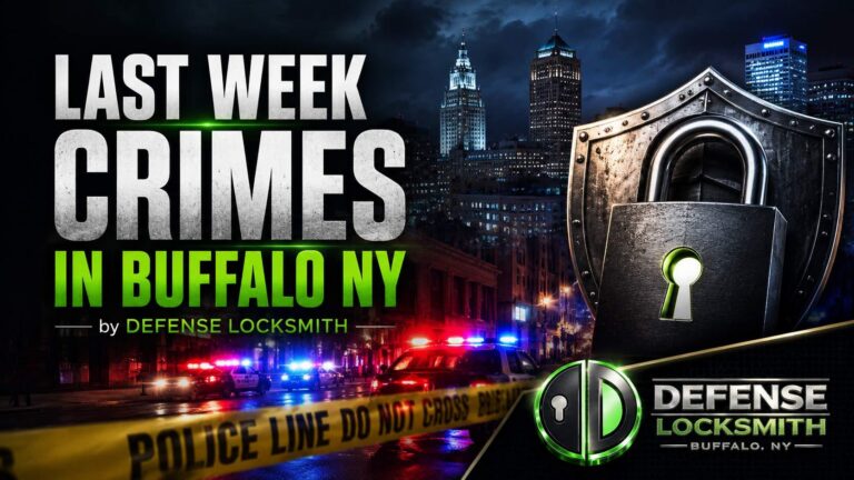 Last Week Crimes in Buffalo NY - weekly burglary and car theft roundup by Defense Locksmith, with police tape and Buffalo skyline