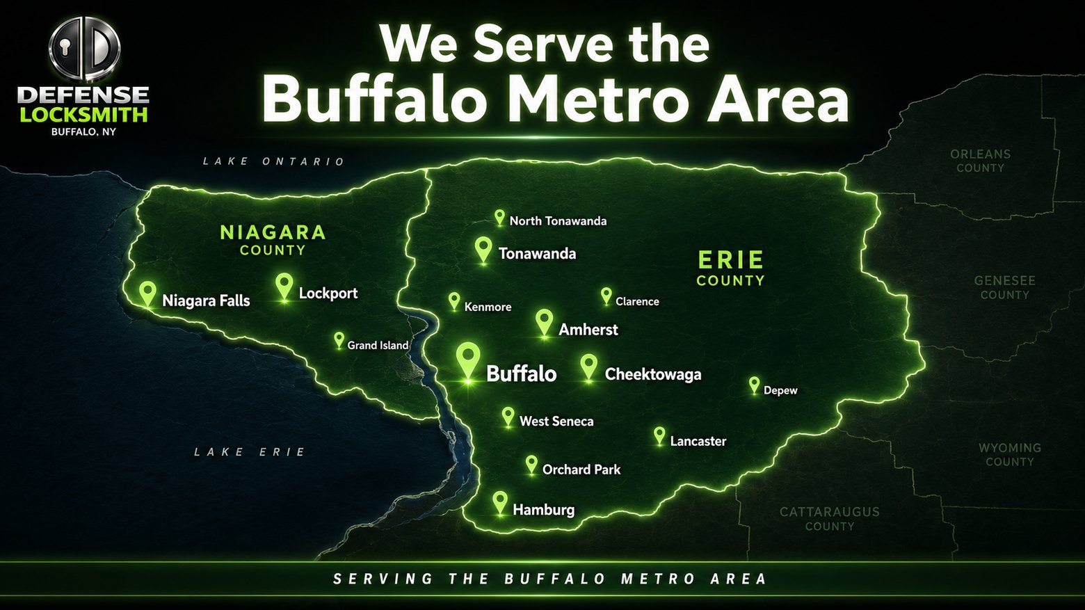 We Serve the Buffalo Metro Area | Defense Locksmith Buffalo NY We Serve the Buffalo Metro Area diagram by Defense Locksmith, Buffalo NY