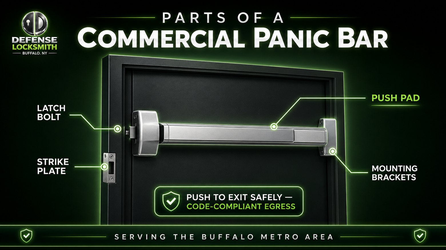 Parts of a Commercial Panic Bar | Defense Locksmith Buffalo NY Parts of a Commercial Panic Bar diagram by Defense Locksmith, Buffalo NY