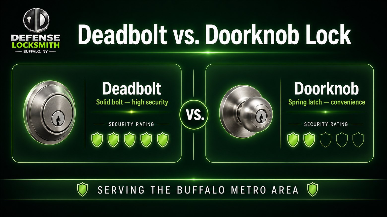 Deadbolt vs. Doorknob Lock | Defense Locksmith Buffalo NY Deadbolt vs. Doorknob Lock diagram by Defense Locksmith, Buffalo NY