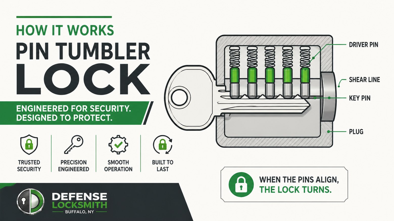 How a Pin Tumbler Lock Works | Defense Locksmith Buffalo NY How a Pin Tumbler Lock Works diagram by Defense Locksmith, Buffalo NY