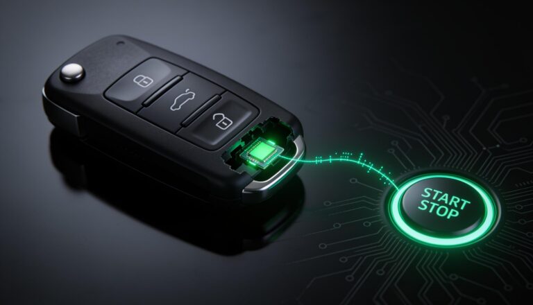 A car key fob with its transponder chip exposed, signalling a car start button - immobilizer programming, Defense Locksmith Buffalo NY
