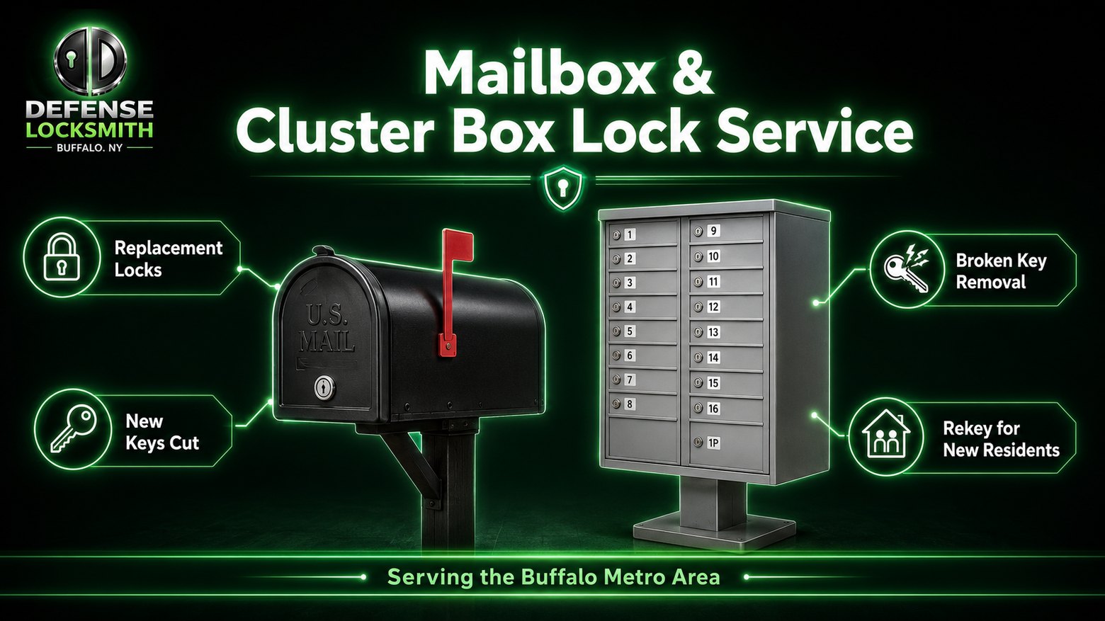 Mailbox & Cluster Box Lock Service diagram by Defense Locksmith, Buffalo NY