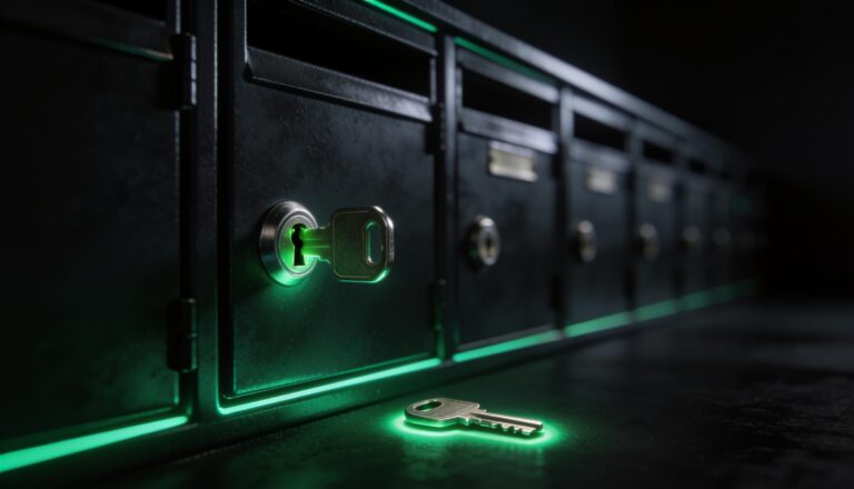 A mailbox key in a cluster-box lock with a spare key on the ledge - mailbox key cutting, Defense Locksmith Buffalo NY