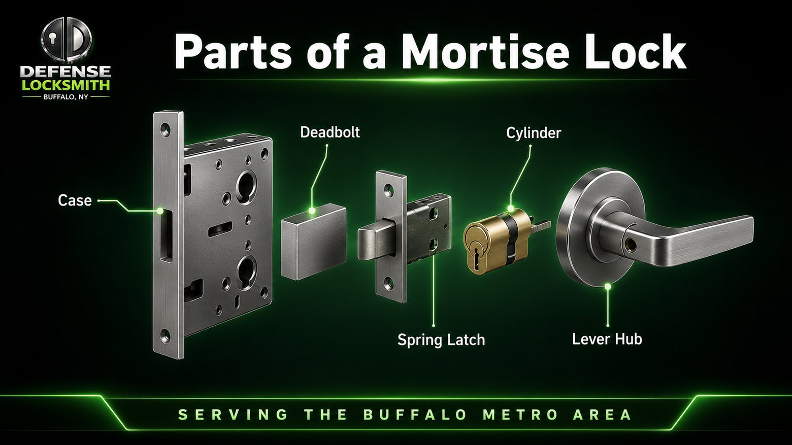 Parts of a Mortise Lock | Defense Locksmith Buffalo NY Parts of a Mortise Lock diagram by Defense Locksmith, Buffalo NY