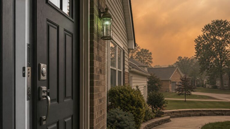 Smoky sky over a secured Western New York home during Ontario wildfire smoke