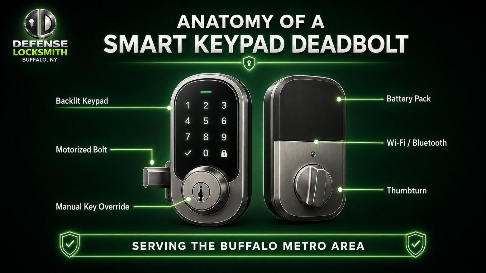 Anatomy of a Smart Keypad Deadbolt diagram by Defense Locksmith, Buffalo NY