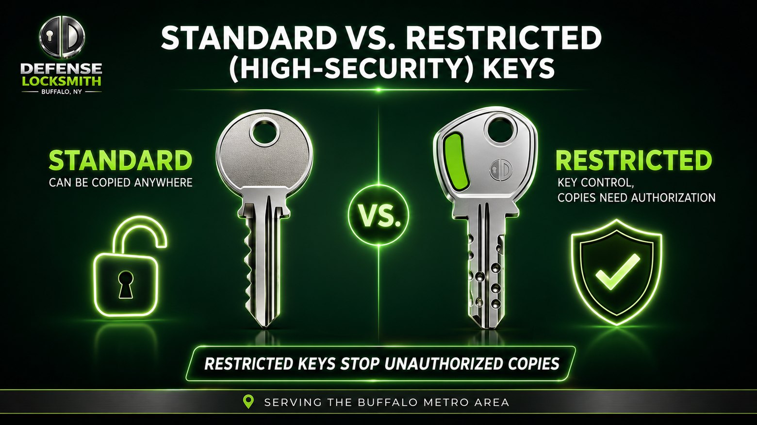Standard vs. Restricted High-Security Keys | Defense Locksmith Buffalo NY Standard vs. Restricted High-Security Keys diagram by Defense Locksmith, Buffalo NY