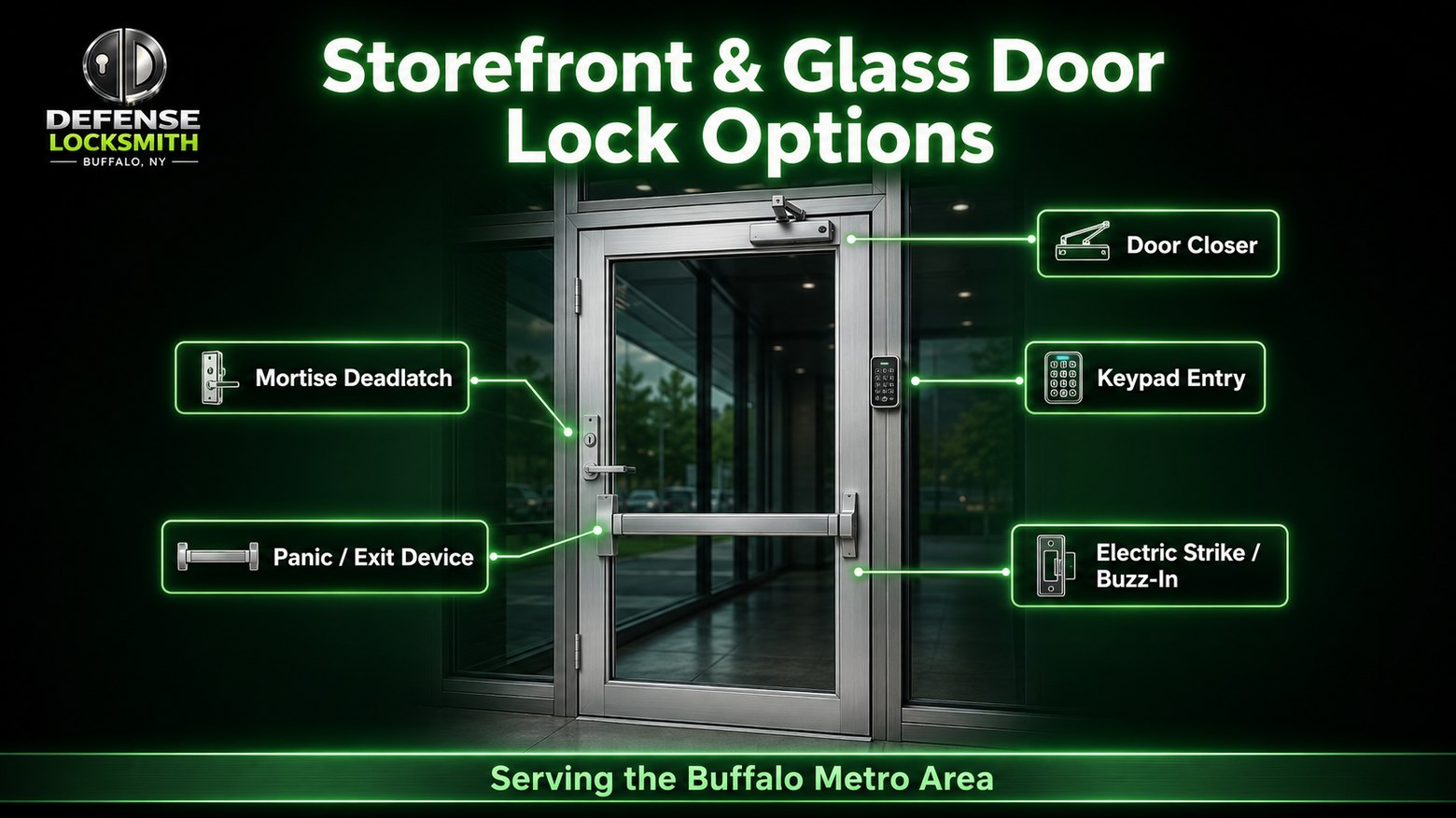 Storefront & Glass Door Lock Options | Defense Locksmith Buffalo NY Storefront & Glass Door Lock Options diagram by Defense Locksmith, Buffalo NY