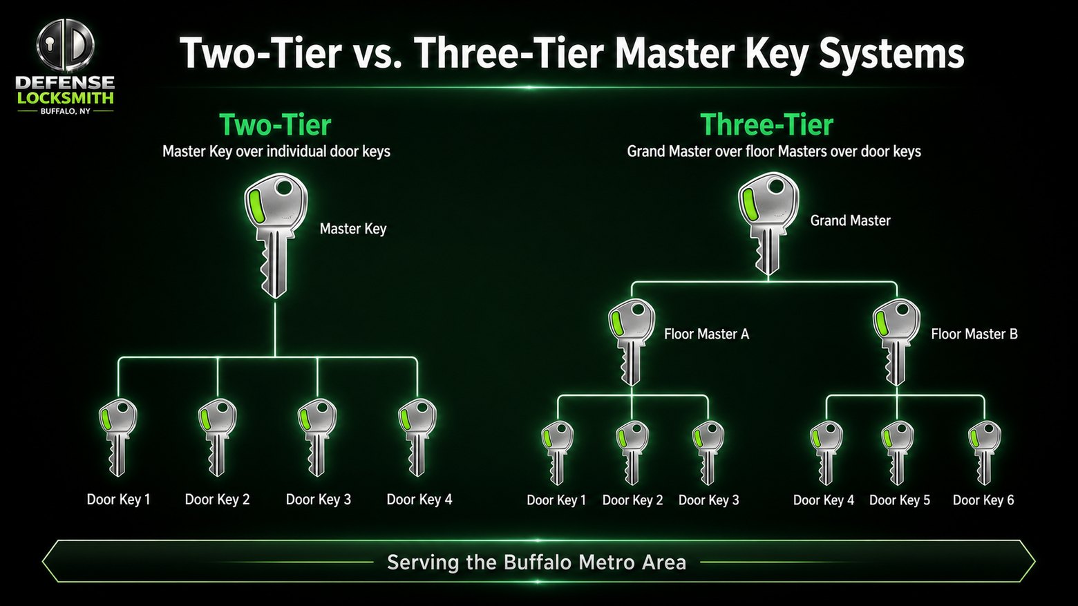 Two-Tier vs. Three-Tier Master Key Systems | Defense Locksmith Buffalo NY Two-Tier vs. Three-Tier Master Key Systems diagram by Defense Locksmith, Buffalo NY
