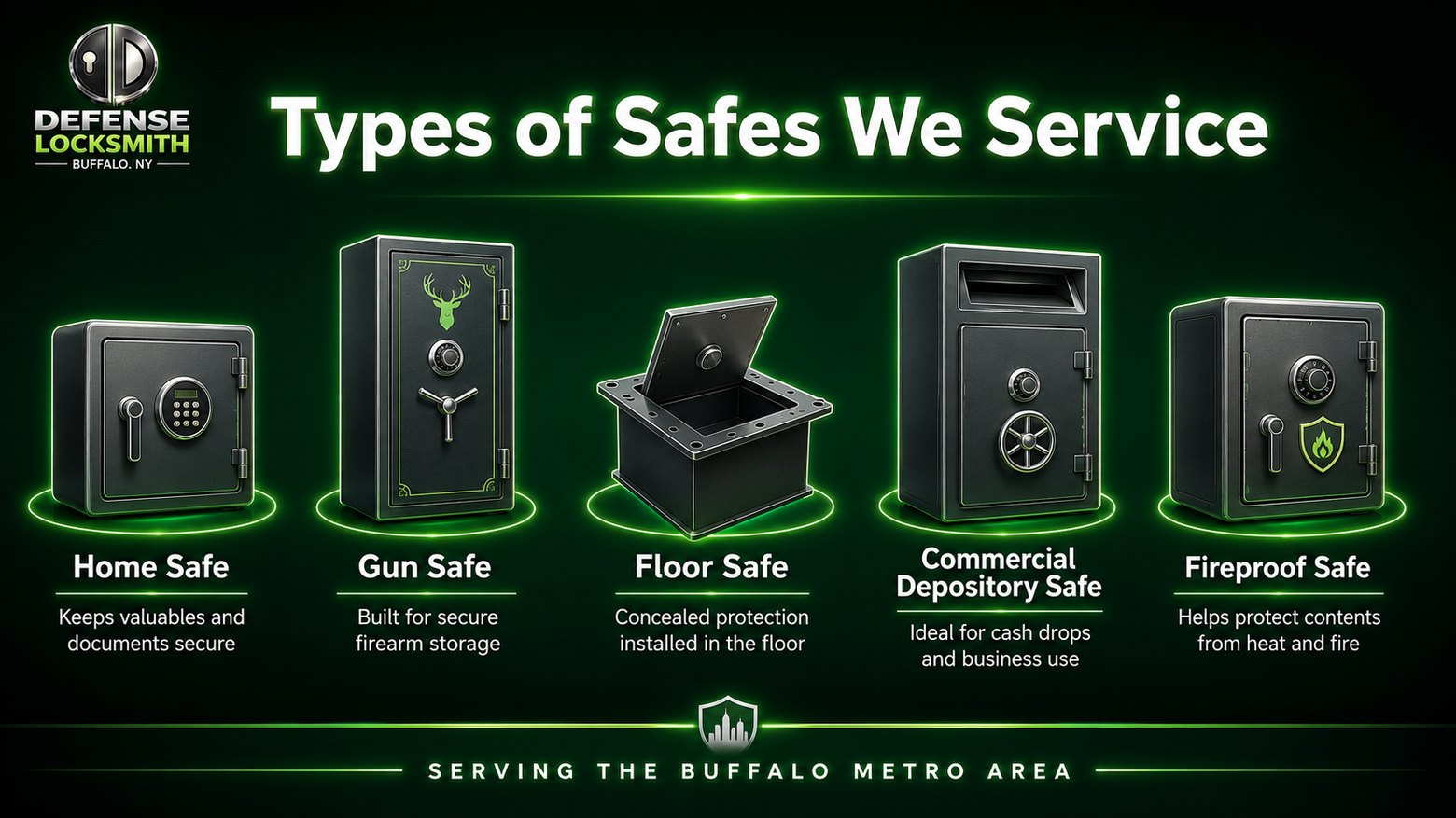 Types of Safes We Service | Defense Locksmith Buffalo NY Types of Safes We Service diagram by Defense Locksmith, Buffalo NY