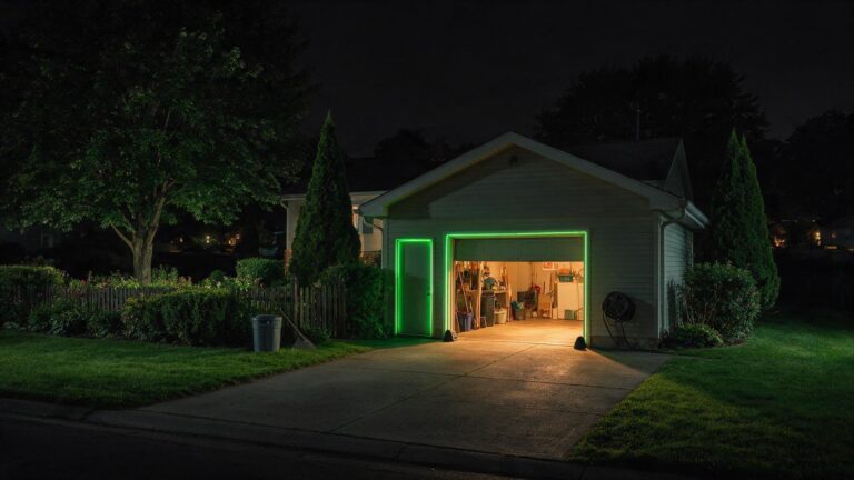 An open garage door lit at night on a quiet Buffalo street - Buffalo Metro Crime Watch, Defense Locksmith
