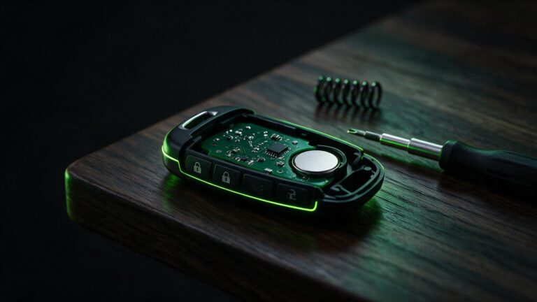 A car key fob opened on a workbench beside its coin battery, Defense Locksmith Buffalo NY